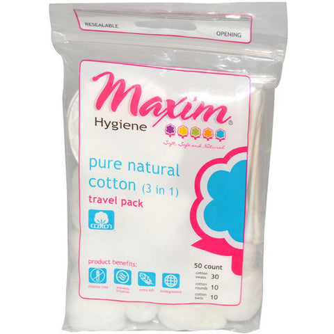 MAXIM - Pure Natural Cotton 3 in 1 Travel Pack - 50 Pieces